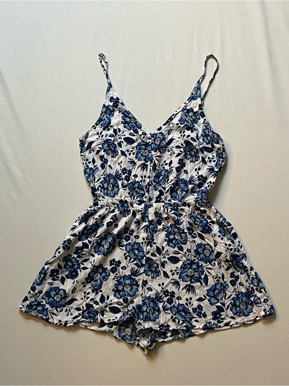 Divided Blue & White Floral Spaghetti-Strap Romper with Pockets
